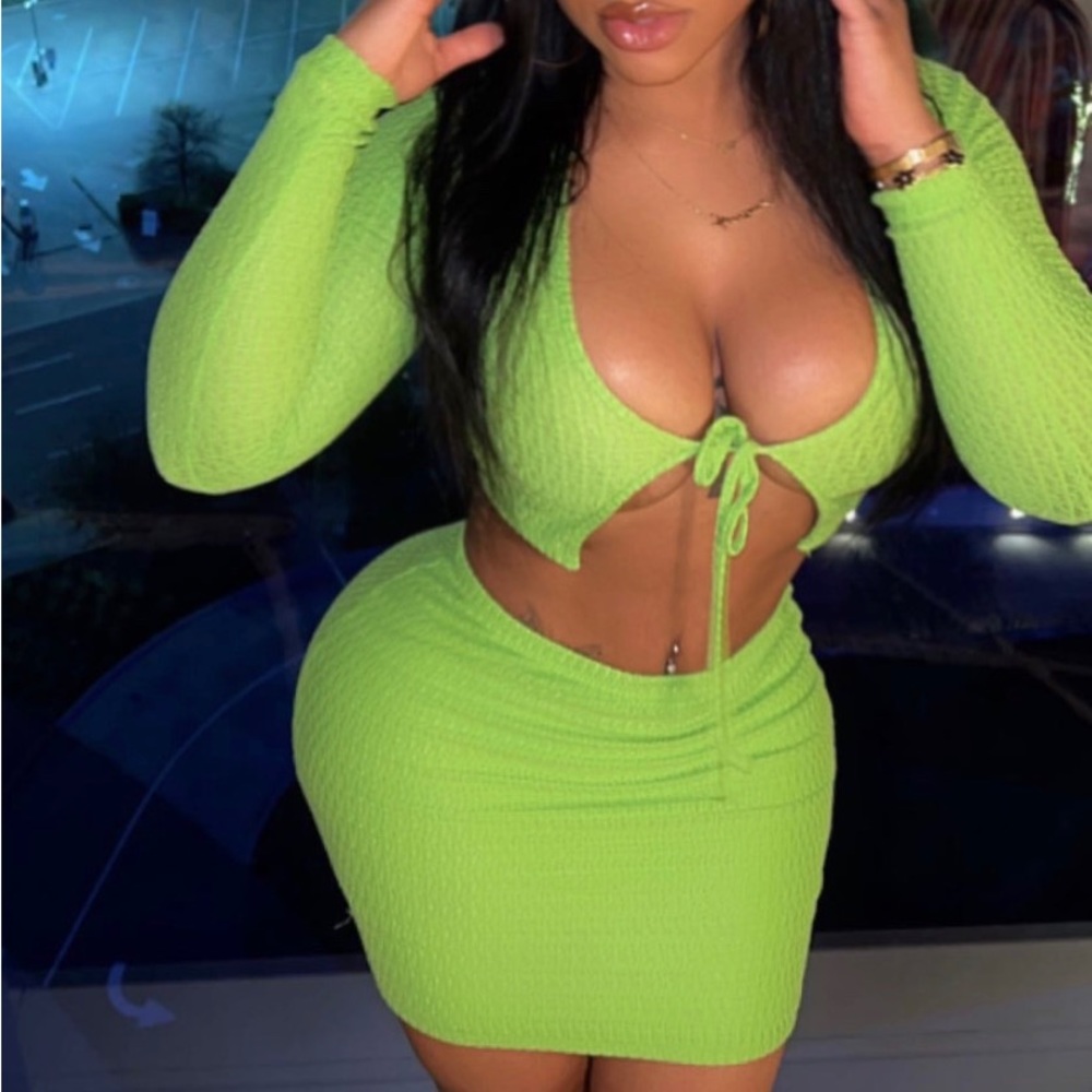 Sexy lime green two piece , body con,tie , Spring, fall, summer, fashion
